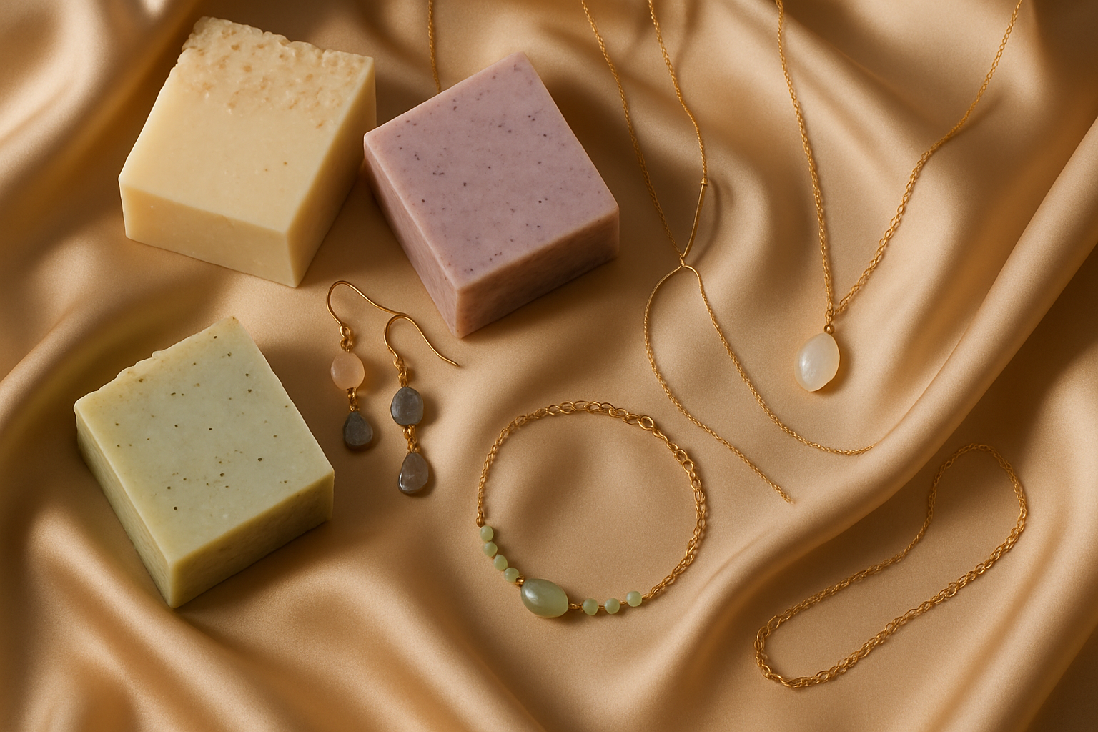 bisuteria y jabones encima de una tela de seda color buff