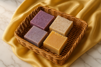 una canasta con 4 jabones artesanales encima de una tela de seda amarilla sobre una encimera de marmol blanco