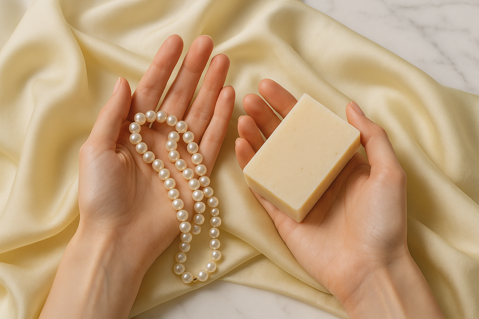 unas manos sosteniendo joyas en perlas y una mano sosteniendo una barra de jabon, las manos que se vean delicadas, encima de una tela de seda color amarillo claro encima de una encimera blanca